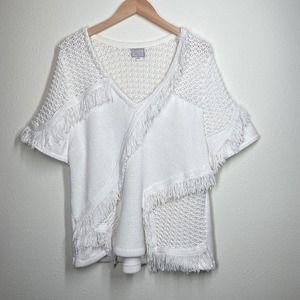 Anthropologie White Fringe Knit Scoop-Neck Sweater